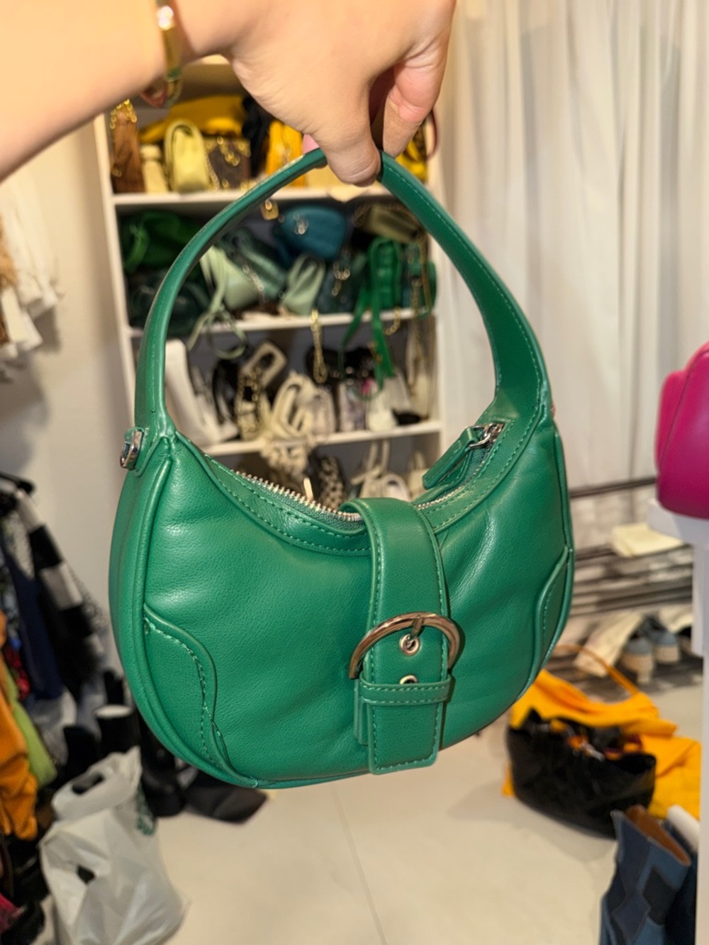 Green super soft faux Leather Shoulder Bag with Buckle Detail